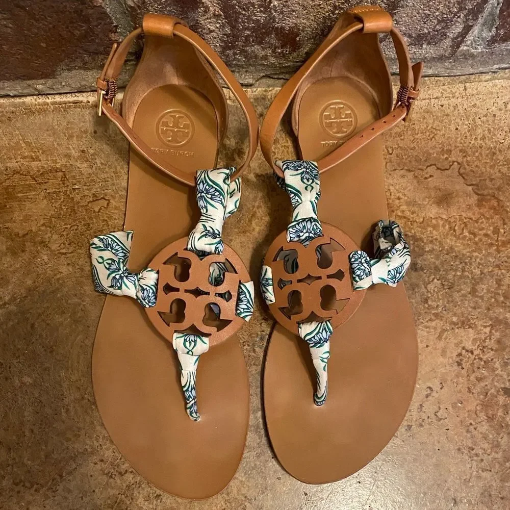 Tory burch leather logo blue Meridian floral fabric miller scarf ankle‎ sandals